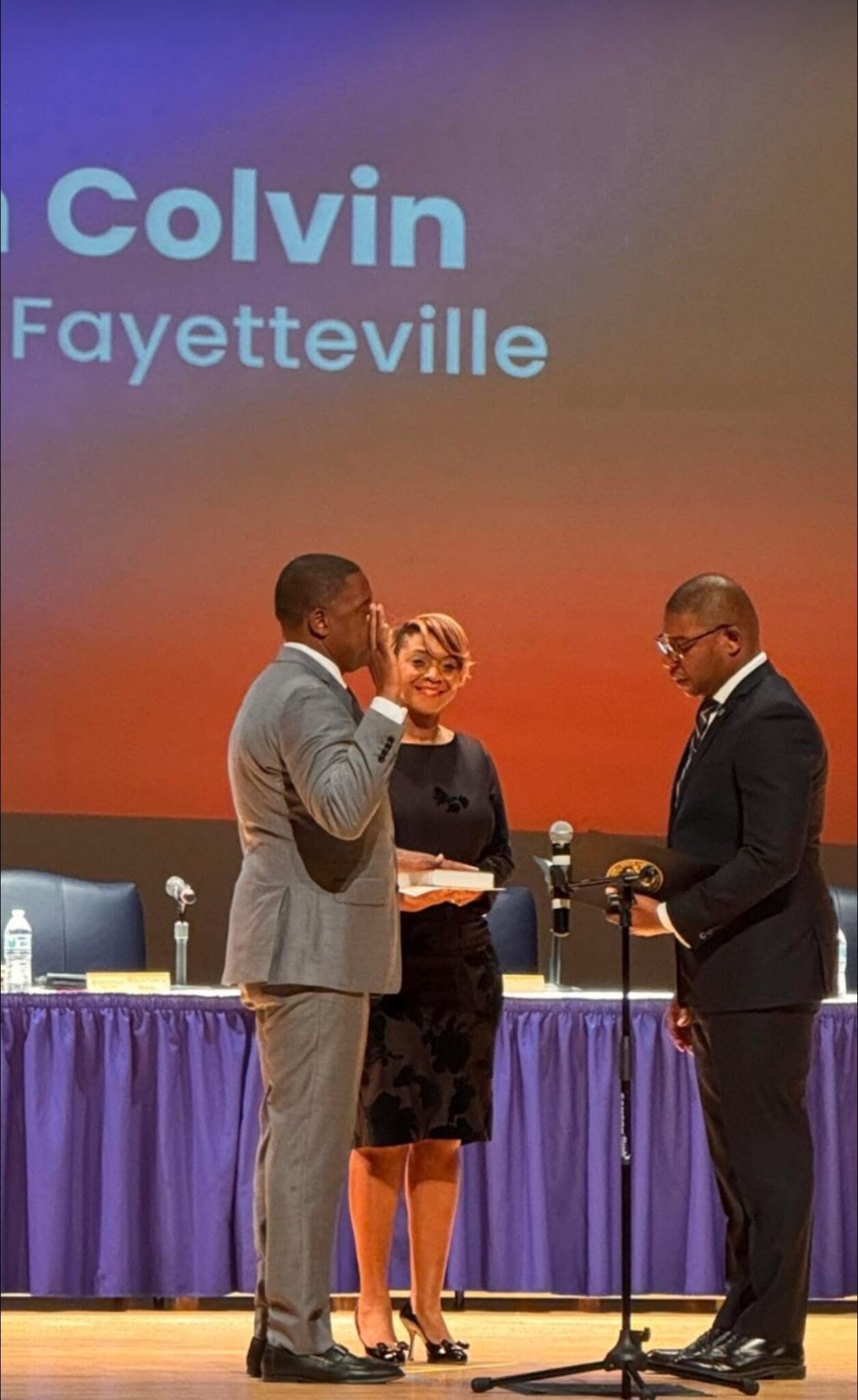 Fayetteville swearing-in ceremony on stage